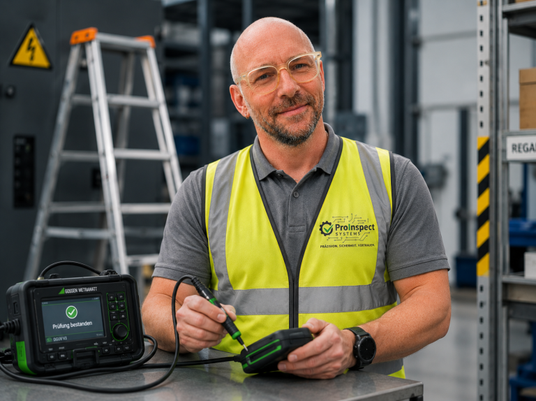 Prüfung elektrischer Betriebsmittel vor Ort Prüfer von ProInspect Systems bei einer elektrischen Geräteprüfung